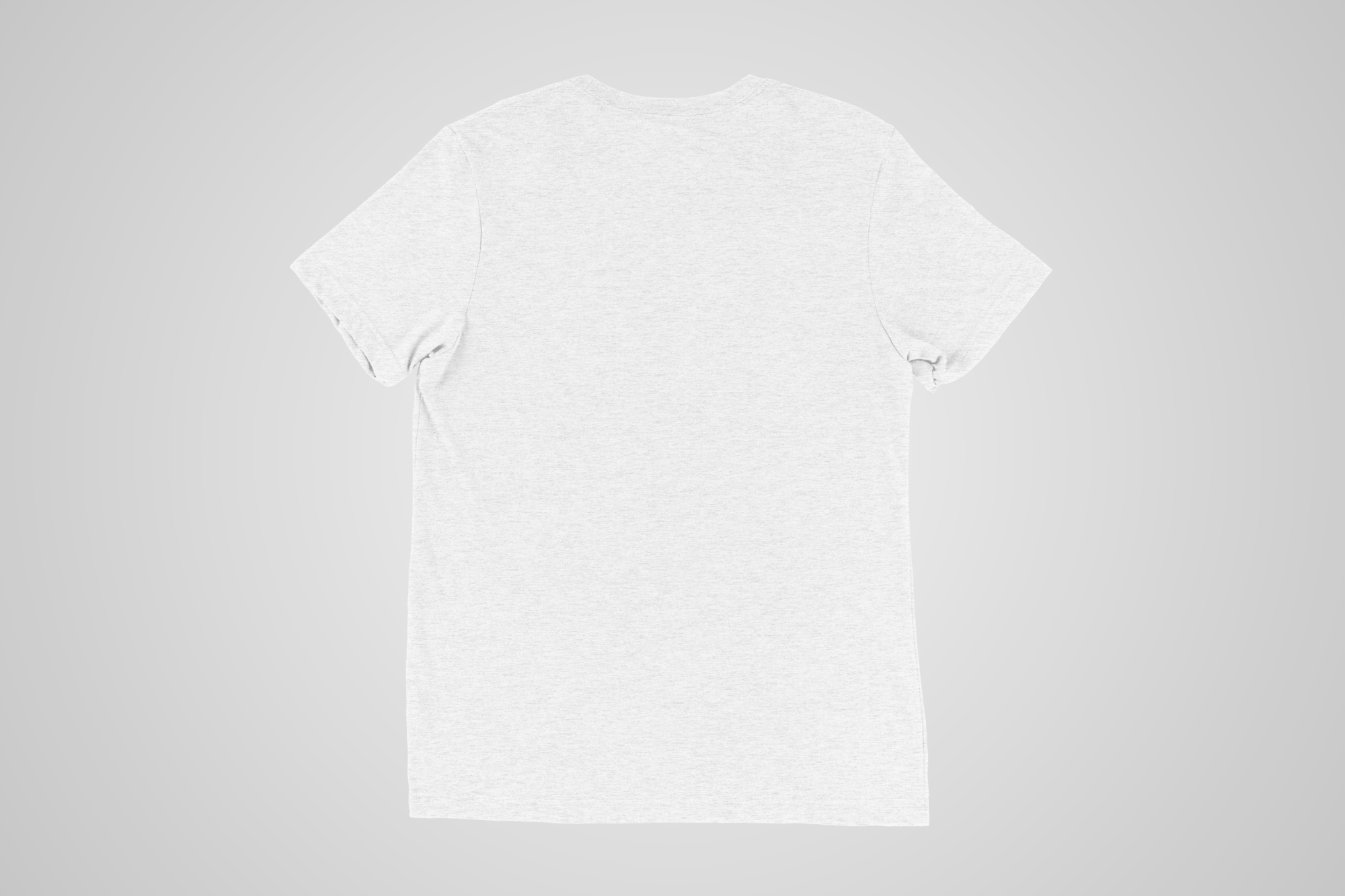 An image of a heathered white unisex style tee showing now print.