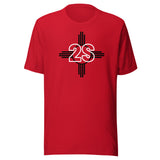Red crew neck t-shirt with a black and white graphic design on the chest. The design features the number 2 and letter S “2S” in a large, bold font, intersected by horizontal lines. On either side of the number are stylized “S” letters, creating a symmetrical emblem-like appearance.