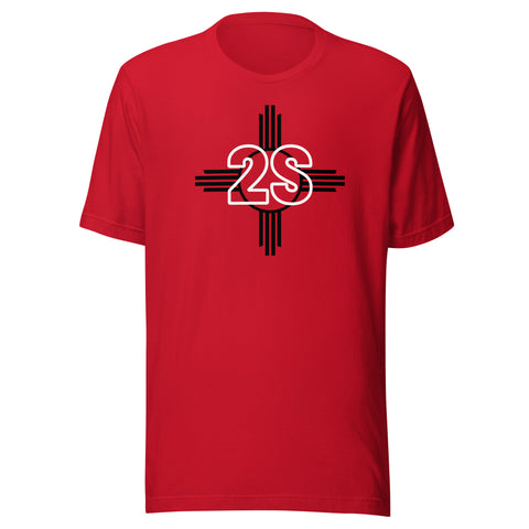 Red crew neck t-shirt with a black and white graphic design on the chest. The design features the number 2 and letter S “2S” in a large, bold font, intersected by horizontal lines. On either side of the number are stylized “S” letters, creating a symmetrical emblem-like appearance.