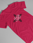 Red V-neck t-shirt with a black and white graphic design on the chest. The design features the number 2 and letter S “2S” in a large, bold font, intersected by horizontal lines. On either side of the number are stylized “S” letters, creating a symmetrical emblem-like appearance.