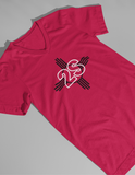 Red V-neck t-shirt with a black and white graphic design on the chest. The design features the number 2 and letter S “2S” in a large, bold font, intersected by horizontal lines. On either side of the number are stylized “S” letters, creating a symmetrical emblem-like appearance.