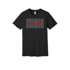 Crew-neck unisex black t-shirt
design features the striking numbers "8:46" in red, set against a backdrop of repeated text in gray that reads, "WE CANT BREATHE"