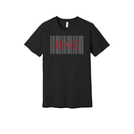 Crew-neck unisex black t-shirt
design features the striking numbers "8:46" in red, set against a backdrop of repeated text in gray that reads, "WE CANT BREATHE"