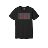Crew-neck unisex black t-shirt
design features the striking numbers "8:46" in red, set against a backdrop of repeated text in gray that reads, "WE CANT BREATHE"