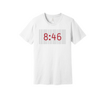 
V-neck unisex white t-shirt
design features the striking numbers "8:46" in red, set against a backdrop of repeated text in gray that reads, "WE CANT BREATHE"
