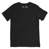 The back of the black crew neck unisex t-shirt features a simple design centered on the upper neckline area. In clean, white font, the numbers "9:29" are displayed, symbolizing a specific time. The minimalistic design adds a powerful, understated element to the t-shirt.