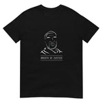 Black crew neck unisex t-shirt features a minimalist white line art illustration of George Floyd's face, conveying strength and solemnity. Below the words "BREATH OF JUSTICE" are prominently displayed in an all- caps font, enclosed within a rectangular border. The design exudes a sense of purpose and commitment to justice.