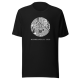 Unisex black crew-neck t-shirt with a circular graphic design in the center of the chest. Inside the circle is a detailed black- and-white map depicting the streets and layout of Minneapolis. At the center of the map, a solidarity fist symbol is 

Below the circular map, in bold white text, the t- shirt reads, "MINNEAPOLIS, 2020." The typography is simple emphasizing the importance of the year and location, marking a pivotal moment in the ongoing struggle for social justice and equality. 