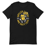 black crew neck tee with Grilled Cheese and Tasty Tees design flat lay.
