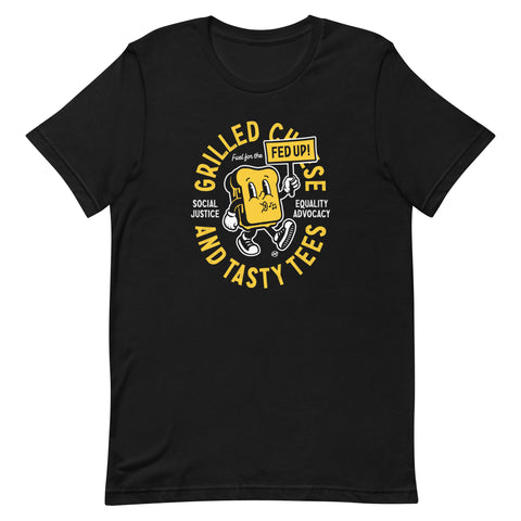 black crew neck tee with Grilled Cheese and Tasty Tees design flat lay.