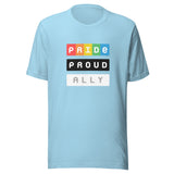 Ocean Blue crew neck t-shirt with three stacked rectangular blocks, each containing a single impactful word of PRIDE, PROUD and ALLY
“PRIDE” in bold, white letters set against a gradient rainbow background
“PROUD” in clean white text on a solid black background
“ALLY” in white letters on a bright white background