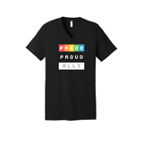 Black V-neck t-shirt with three stacked rectangular blocks, each containing a single impactful word of PRIDE, PROUD and ALLY
“PRIDE” in bold, white letters set against a gradient rainbow background
“PROUD” in clean white text on a solid black background
“ALLY” in white letters on a bright white background