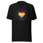 A black crew neck unisex t-shirt featuring a design of a vibrant rainbow-striped heart at the center with the text "love is love" written inside. Around the heart colorful, radiating lines, with sunburst effect emphasizing inclusivity and love for all.