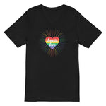 A black V-neck unisex t-shirt featuring a design of a vibrant rainbow-striped heart at the center with the text "love is love" written inside. Around the heart colorful, radiating lines, with sunburst effect emphasizing inclusivity and love for all.