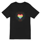 A black V-neck unisex t-shirt featuring a design of a vibrant rainbow-striped heart at the center with the text "love is love" written inside. Around the heart colorful, radiating lines, with sunburst effect emphasizing inclusivity and love for all.