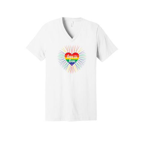 A white V-neck unisex t-shirt featuring a design of a vibrant rainbow-striped heart at the center with the text "love is love" written inside. Around the heart colorful, radiating lines, with sunburst effect emphasizing inclusivity and love for all.