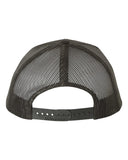 This image shows the back of a white mesh snapback trucker hat. 
