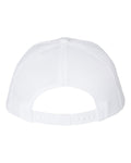 This image shows the back of a white mesh snapback trucker hat. 