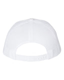 This image shows the back of a white mesh snapback trucker hat. 