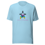 An ocean blue crew neck unisex t-shirt featuring a design centered around the Zia symbol, representing the sun with four rays. 

At the symbols center, begins two colorful PRIDE rainbow feathers, hanging over the symbol creating a love and spirituality vibrancy accent.

Below the design, "LOVE IS SACRED" text displayed in pink bold lettering.