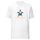 A white crew neck unisex t-shirt featuring a design centered around the Zia symbol, representing the sun with four rays. 

At the symbols center, begins two colorful PRIDE rainbow feathers, hanging over the symbol creating a love and spirituality vibrancy accent.

Below the design, "LOVE IS SACRED" text displayed in pink bold lettering.