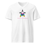 A white V-neck unisex t-shirt featuring a design centered around the Zia symbol, representing the sun with four rays. 

At the symbols center, begins two colorful PRIDE rainbow feathers, hanging over the symbol creating a love and spirituality vibrancy accent.

Below the design, "LOVE IS SACRED" text displayed in pink bold lettering.