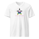 A white V-neck unisex t-shirt featuring a design centered around the Zia symbol, representing the sun with four rays. 

At the symbols center, begins two colorful PRIDE rainbow feathers, hanging over the symbol creating a love and spirituality vibrancy accent.

Below the design, "LOVE IS SACRED" text displayed in pink bold lettering.