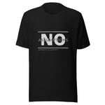 The t-shirt is a unisex, crew-neck style in solid black. Bold "NO Assumptions" brand graphic on the front, including the tag phrase “Equality & Justice” on lower left corner of the logo. 