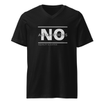 The t-shirt is a unisex, v-neck style in solid black. Bold "NO Assumptions" brand graphic on the front, including the tag phrase “Equality & Justice” on lower left corner of the logo. 