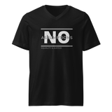 The t-shirt is a unisex, v-neck style in solid black. Bold "NO Assumptions" brand graphic on the front, including the tag phrase “Equality & Justice” on lower left corner of the logo. 