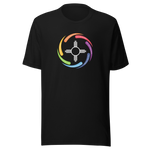 A Black unisex crew neck t-shirt with white color Zia symbol in the center with words in a circular shape around the symbol saying:
"You are sacred", white text with red background 
"You are treasured", white text with purple background 
"You are valued*, white text with blue background
"You are cherished", white text with ocean blue background 
"You are gifted", white text with green background 
"You are honored", white text with yellow background 
"You are beautiful", white text with orange background