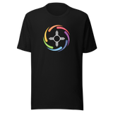 A Black unisex crew neck t-shirt with white color Zia symbol in the center with words in a circular shape around the symbol saying:
"You are sacred", white text with red background 
"You are treasured", white text with purple background 
"You are valued*, white text with blue background
"You are cherished", white text with ocean blue background 
"You are gifted", white text with green background 
"You are honored", white text with yellow background 
"You are beautiful", white text with orange background