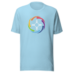 Ocean blue unisex crew neck t-shirt with white color Zia symbol in the center with words in a circular shape around the symbol saying:
"You are sacred", white text with red background 
"You are treasured", white text with purple background 
"You are valued*, white text with blue background
"You are cherished", white text with ocean blue background 
"You are gifted", white text with green background 
"You are honored", white text with yellow background 
"You are beautiful", white text with orange background