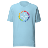Ocean blue unisex crew neck t-shirt with white color Zia symbol in the center with words in a circular shape around the symbol saying:
"You are sacred", white text with red background 
"You are treasured", white text with purple background 
"You are valued*, white text with blue background
"You are cherished", white text with ocean blue background 
"You are gifted", white text with green background 
"You are honored", white text with yellow background 
"You are beautiful", white text with orange background