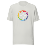 A silver unisex crew neck t-shirt with white color Zia symbol in the center with words in a circular shape around the symbol saying:
"You are sacred", white text with red background 
"You are treasured", white text with purple background 
"You are valued*, white text with blue background
"You are cherished", white text with ocean blue background 
"You are gifted", white text with green background 
"You are honored", white text with yellow background 
"You are beautiful", white text with orange background