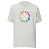 A silver unisex crew neck t-shirt with white color Zia symbol in the center with words in a circular shape around the symbol saying:
"You are sacred", white text with red background 
"You are treasured", white text with purple background 
"You are valued*, white text with blue background
"You are cherished", white text with ocean blue background 
"You are gifted", white text with green background 
"You are honored", white text with yellow background 
"You are beautiful", white text with orange background