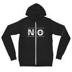 Across the chest, the phrase "NO ASSUMPTIONS" is prominently displayed in large, bold, white letters. Zipper with a line above and below the text similar to an equal sign. The full-length zipper down the front is a bright metallic silver, creating a striking contrast against the black fabric and dividing the front design cleanly down the middle. Subtle left sleeve design runs vertically along its length with the text “Equality & Justice” with thin white font to complement the main design.