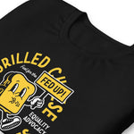 Close up of design on front of black crew neck t-shirt. 