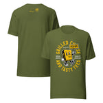 Olive green crew neck tee showing front and back of design. 